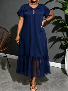 Elegant dark blue plus size midi dress featuring a stylish mesh tiered ruffle hemline