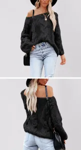 Close-up detail showing the front and back views of a black off-shoulder cable-knit sweater