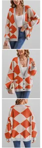 Multiple angles of women's oversized orange argyle knit cardigan with button closure