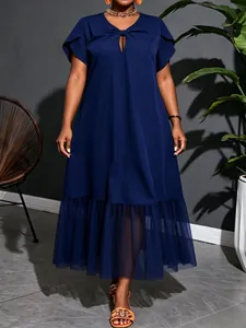 Elegant dark blue plus size midi dress featuring a mesh hem and cutout neck detail.