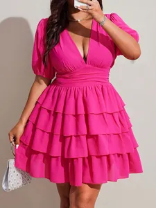 Detail view of pink plus size V-neck tiered ruffle mini dress for summer elegance