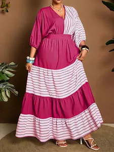 Elegant V-neck striped color-blocking tiered maxi dress for women plus size