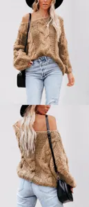 Detailed front and back views of a khaki cable-knit off-the-shoulder loose sweater design