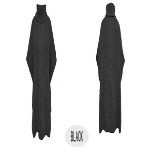 Close-up detail of black cable knit high-neck poncho showing front and back view