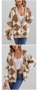 Detailed view of women's V-neck argyle knitted cardigan with loose fit pattern