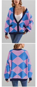 Detailed front and back views of oversized blue and purple argyle V-neck knit cardigan.
