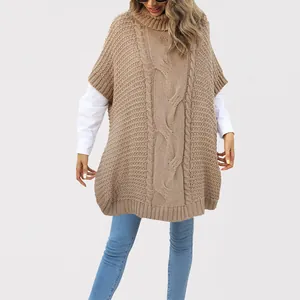 Stylish high neck cable knit poncho sweater vest with loose oversized fit for autumn
