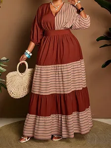 Elegant brown and beige V-neck striped color-block maxi dress with stylish half sleeves