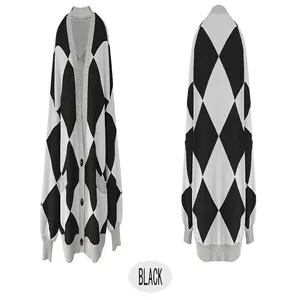 Detailed view of women's oversized V-neck argyle knit cardigan in black and white