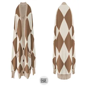Oversized women's knit cardigan featuring a brown and white argyle diamond pattern