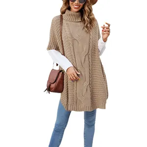 Stylish women's turtleneck cable knit poncho sweater vest in khaki loose fit design