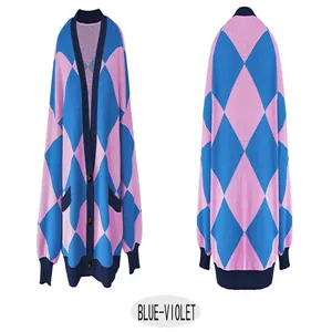 Oversized V-neck argyle knitted cardigan in blue-violet, showing front and back details