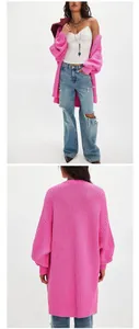 Dettagli premium di un lungo cardigan rosa a maglia grossa con vista frontale e posteriore