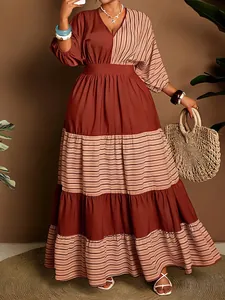 Elegant plus size V-neck maxi dress with striped color-block tiers and half sleeves