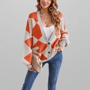 Stylish V-neck argyle colorblock loose knit cardigan sweater for women in vibrant orange