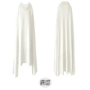 Front and back view of elegant apricot round neck knitted sweater with flare sleeves