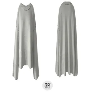 Detailed front and back views of a grey crew neck pullover sweater with flare sleeves