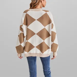 Oversized women's V-neck argyle knit cardigan featuring brown and white diamond pattern