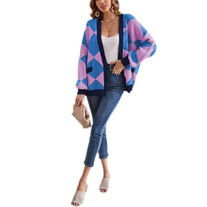 Stylish oversized V-neck argyle color block knit cardigan sweater for women in autumn
