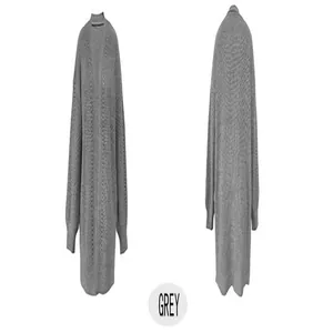 Viste dettagliate fronte e retro di un cardigan grigio in maglia ampia e lunga