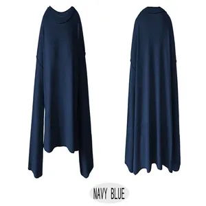 Front and back views of navy blue solid crew neck sweater with elegant bell sleeves