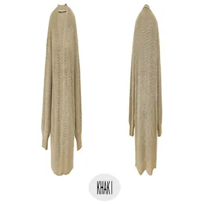 Vista anteriore e posteriore di un elegante cardigan lungo in maglia kaki oversize da donna