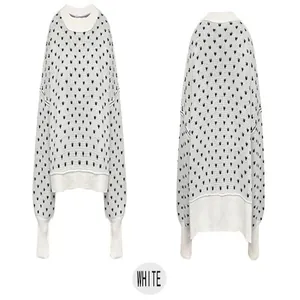 Detailed front and back views of a white round neck sweater with black butterfly patterns
