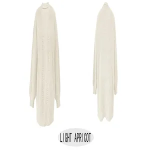 Viste frontali e posteriori di un lungo cardigan in maglia albicocca chiaro per donna