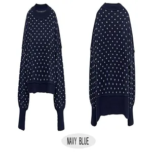 Front and back view of navy blue round neck knitted sweater with heart pattern
