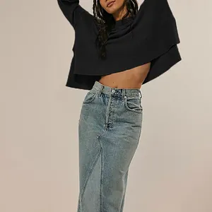 Stylish black round neck pullover knit sweater featuring trendy bell sleeves for women