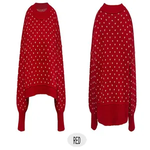 Front and back view of red crew neck knit sweater with butterfly jacquard pattern