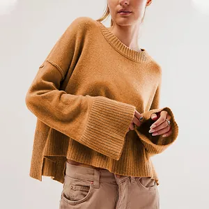 Fashionable ginger crew neck knit sweater featuring stylish flared bell sleeves for women