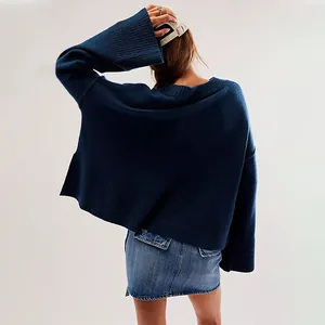 Oversized navy blue crew neck pullover sweater with stylish bell sleeves for women