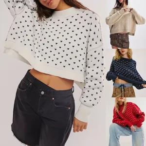 Women's Loose Cropped Butterfly Jacquard Knitted Sweater Round Neck Long Sleeve Acrylic Pullover Streetwear Casual Top