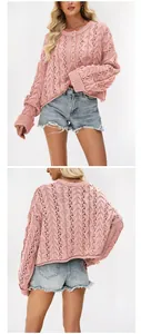 Full view of pink cable-knit sweater with button neck detail and hollow knit pattern