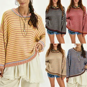 Dames Kleurblok Gestreepte Pullover Trui Losse Lantaarnmouw Gebreide Top Herfst Winter Casual Ronde Hals Oversized Jumper