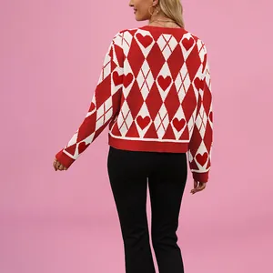 Pull en maille à losanges avec motifs cœurs rouge et blanc pour femme, Saint-Valentin