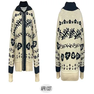 Front and back views of a women's loose knitted cardigan with black jacquard pattern