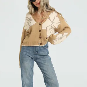 Gilet décontracté à col en V avec motif jacquard floral et boutons