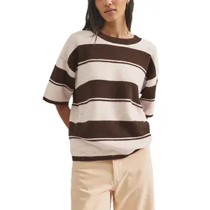 Elegante gestreepte gebreide damestrui met korte mouwen in bruin en beige, chic