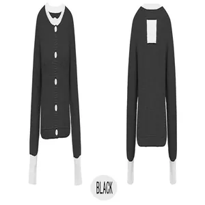 Vorder- und Rückansicht einer schwarz-weißen Strickjacke mit Kontrastfarben für Damen