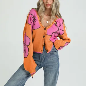 Gilet en maille jacquard à fleurs pour femme avec col en V et boutons