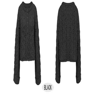 Detailed front and back views of a black cable knit henley pullover sweater with buttons