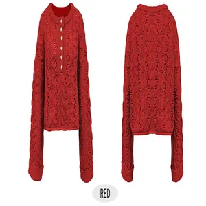 Detailed front and back view of a red cable knit sweater with elegant gold buttons