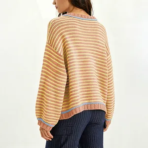 Casual oversized gestreepte gebreide trui met contrasterende blauwe bies