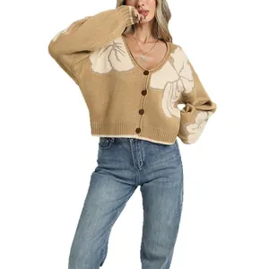Gilet en maille jacquard floral pour femme avec col en V et fermeture à boutons, camel