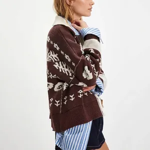 Stylish brown oversized knit cardigan with white floral patterns and square collar
