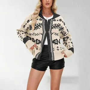 Stylish women's loose button-down knit cardigan sweater with black floral pattern.