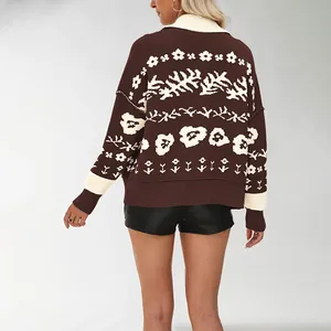 Loose brown floral knit cardigan for women's casual autumn winter fashion outfit