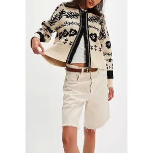 Stylish beige floral knit cardigan sweater with black bohemian leaf patterns for women